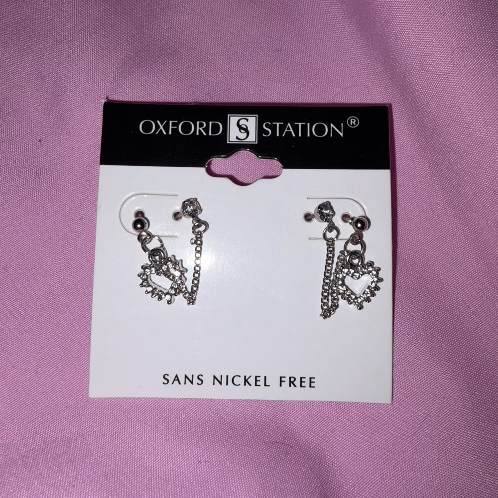 Brand New Silver Rhinestone Heart Chain Earrings